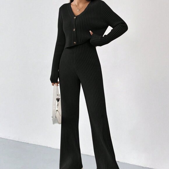 Black Casual Women's Summer Ribbed Knit Cardigan & Flare Leg Knit Pants set - Picture 1 of 6